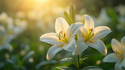 Fototapeta premium Sunrise reveals blooming lilies in a garden during morning hours, celebrating nature's beauty