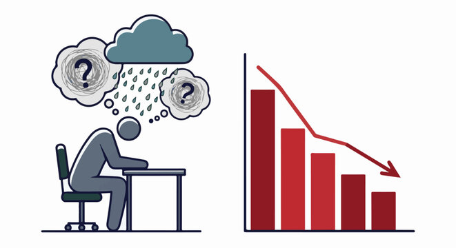 Person at desk with stormy thoughts sits beside a downward trending bar graph