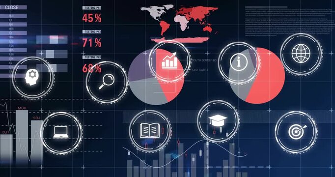 Data feed loading widgets, expanding gauges, pulsing pies, rearranging into grid, showing finance