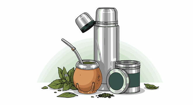 Still life of mate gourd, thermos, yerba leaves and tin