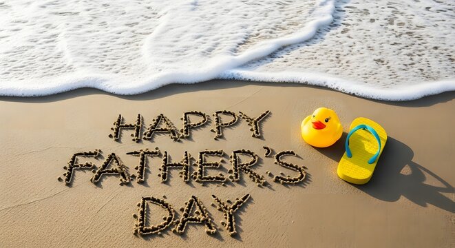 Happy father's day beach scene sand writing with flip flops