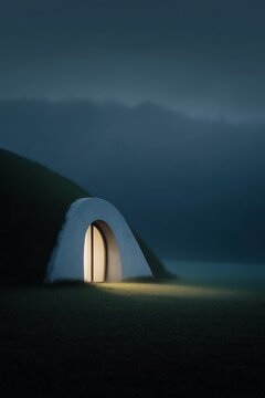 Eco-friendly earth-sheltered home illuminated at night, nature, architecture, design