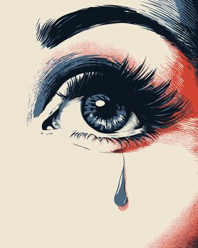 Crying eye with tear shedding, depicting sadness and emotion. Graphic illustration in halftone style with limited color palette of red, blue, and beige