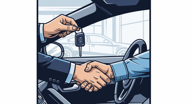 Two business people shaking hands inside a car, one holding keys