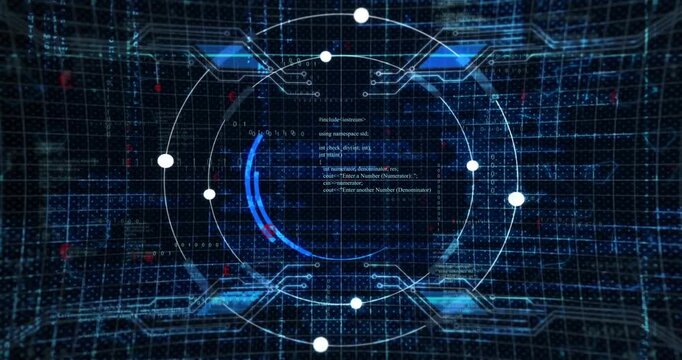 HUD ring appearing initiating blue arc rotating nodes pulsing code scrolling showing system status