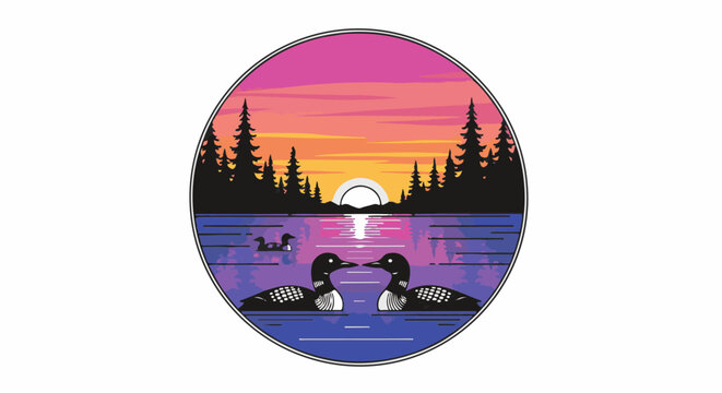 Two loons on a lake at sunset with a forest silhouette
