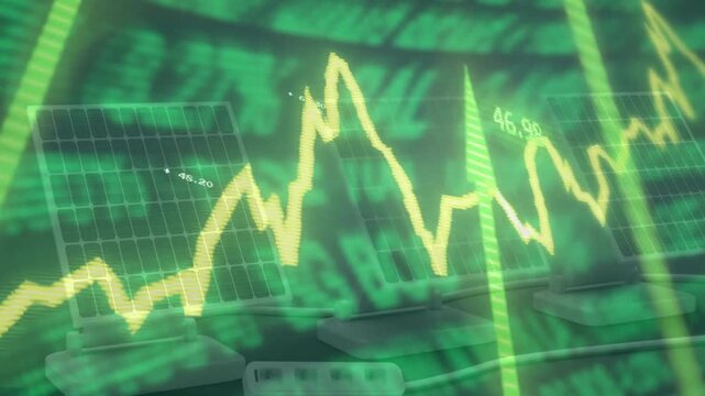 Incoming market data driving yellow line chart pulsing across studio display showing numeric values