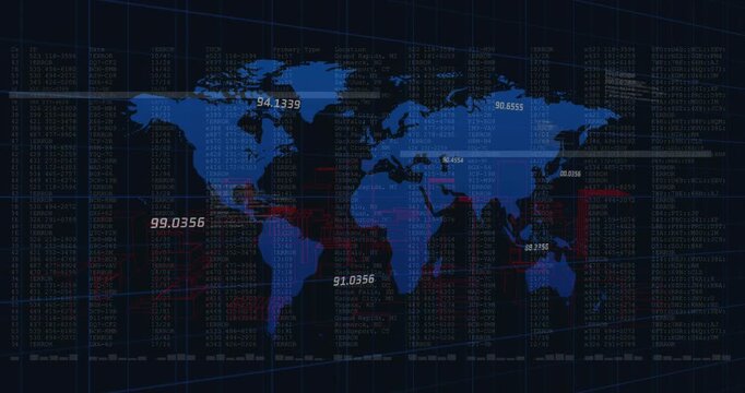 Data feed driving world map animating with numeric markers, sweeping bar, pulsing red for analytics