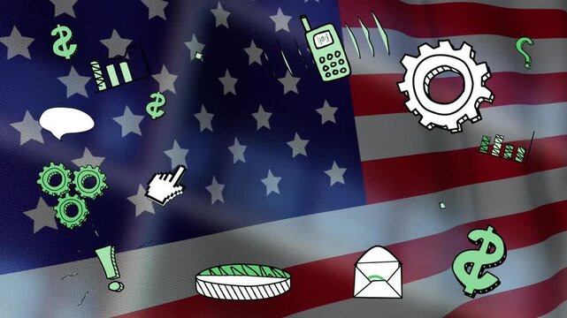Waving US flag starting doodle icons animating, envelope opening, phone shaking, showing finance