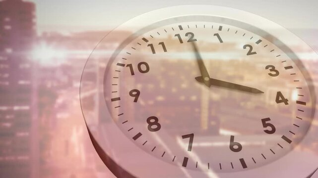 Clock motor driving hands sweeping over dusk skyline, overlay showing elapsed time for business