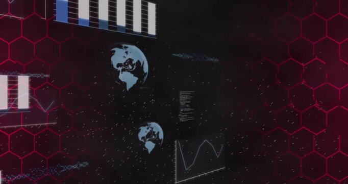 Bar chart sliding from upper-left causing focus; blue globes growing, centering in technology HUD