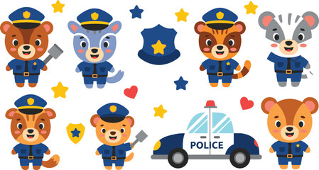 Cute police animal vector set with cartoon bear tiger mouse officers patrol car and badges illustration isolated on white background © AntarChandra