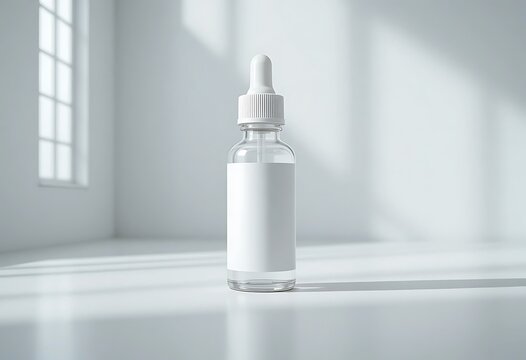 Clear glass dropper bottle with a white label on a reflective surface in a minimalist room. vape bottle mockup