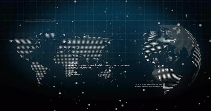 On start dotted globe rotating and flat map showing code while particles drifting for data display