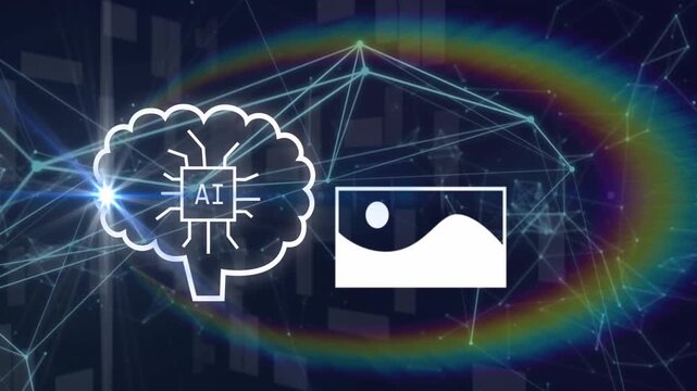 stroke drawing brain icon with AI chip, thumbnails cycling, rainbow ring emphasizing AI data links