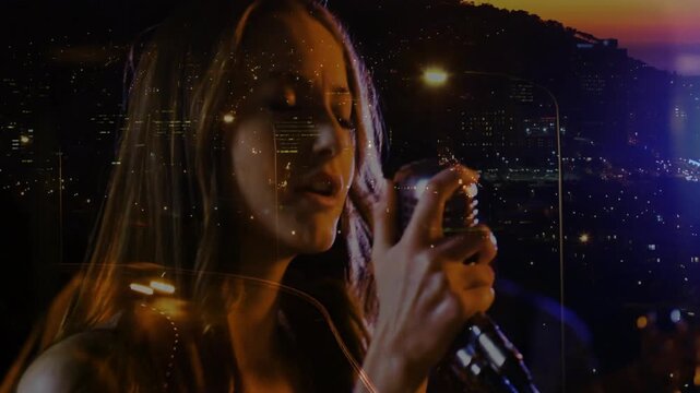 Music cue launching female vocalist singing into retro mic while city skyline overlaying, emoting