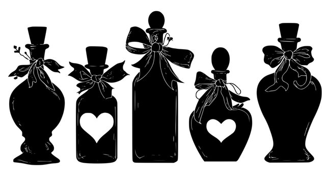 Love potion set with heart-shaped glass bottles and decorative bows, illustration collection