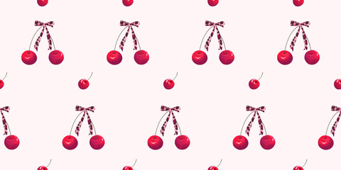 Seamless hand-drawn pattern with glossy red cherries and leopard print bows in trendy coquette aesthetic. Cute feminine background ideal for textile, fabric, packaging, wallpaper and surface design © Kapalakus