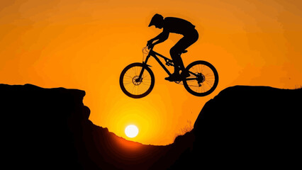 Obraz premium Silhouette of a mountain biker jumping over a canyon at sunset