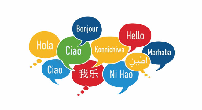 Colorful speech bubbles with "Hello" in multiple languages, diverse communication