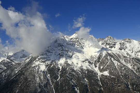 Bernina Massif from the south, Rhetian Alps. It is a high and glaciated area in the Swiss canton of Graub&uuml;nden and the Italian province of Sondrio. Highest mountain range of the Eastern Alps
