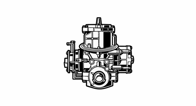 Detailed illustration of an engine carburetor with intricate mechanical components