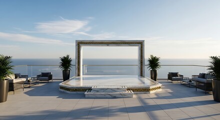 Naklejka premium Luxury rooftop terrace with modern stage and seating overlooking the ocean at sunset