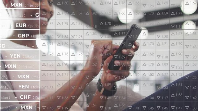 Camera zooming to hands and phone, right woman rotating phone, tapping, swiping, reviewing rates