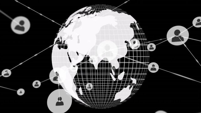 Pulses appearing on globe, expanding and spawning lines linking avatar icons, showing network