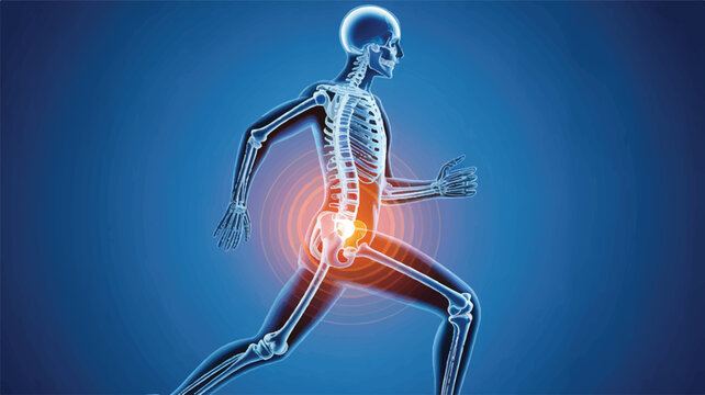Anatomy of Motion: A digital illustration portrays the human skeletal system engaged in dynamic movement, highlighting a source of joint pain.