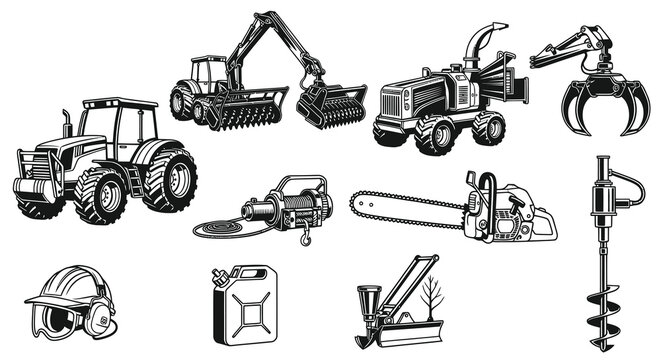 Professional Forestry and Land Clearing Machinery Vector Set