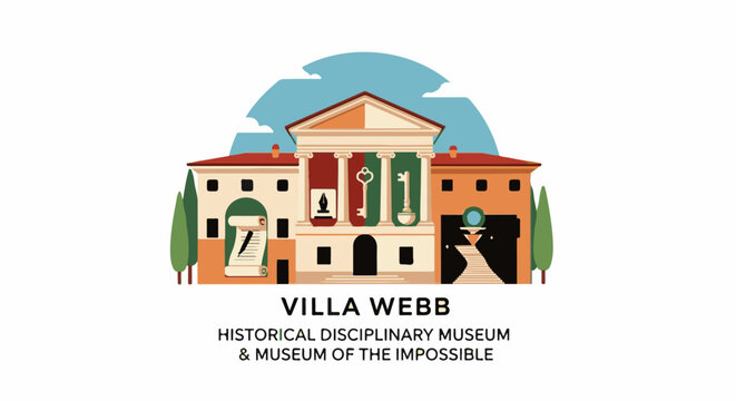 Stylized illustration of a building with keys, scroll, and surreal elements