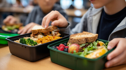 Obraz premium Two lunchboxes open side by side on cafeteria table showing cultural food differences, one with traditional rice and curry, other with sandwich and fruit, students sharing and exch