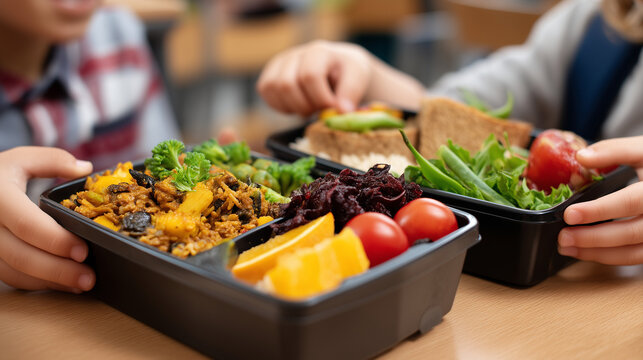 Two lunchboxes open side by side on cafeteria table showing cultural food differences, one with traditional rice and curry, other with sandwich and fruit, students sharing and exch