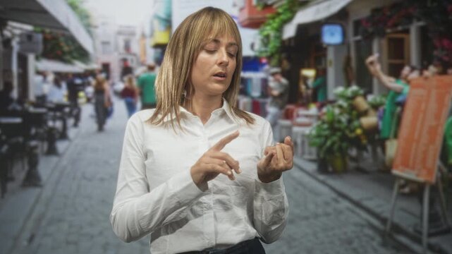 Woman counting on fingers with hands visible, gesturing while standing on a busy pedestrian street lined with shops; contemplation explanation.