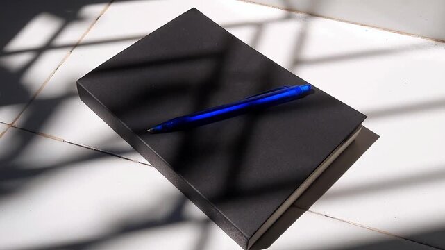 Black Book with Blue Pen on Floor in Bright Afternoon Sunlight Shadows