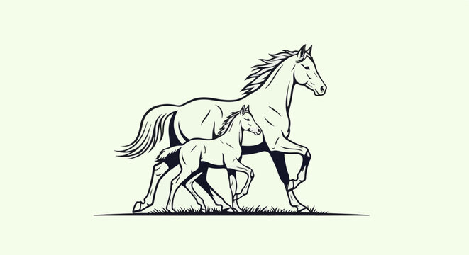 Stylized outline of a mother horse and her foal in motion