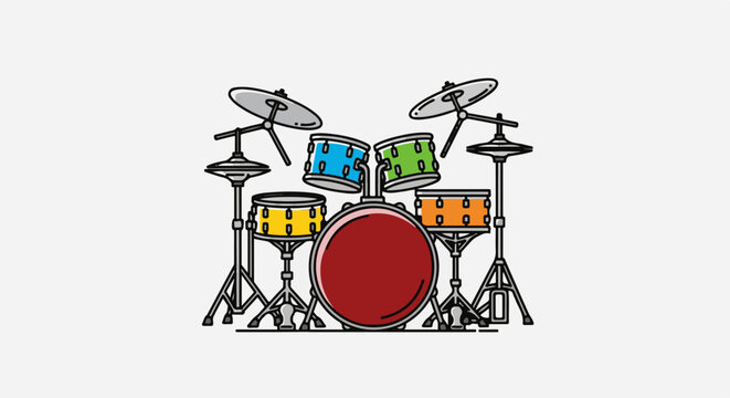 Colorful drum kit with cymbals on stands against a white background