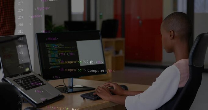 Woman coder typing and mousing at desk in office, security overlay intensifying for analysis
