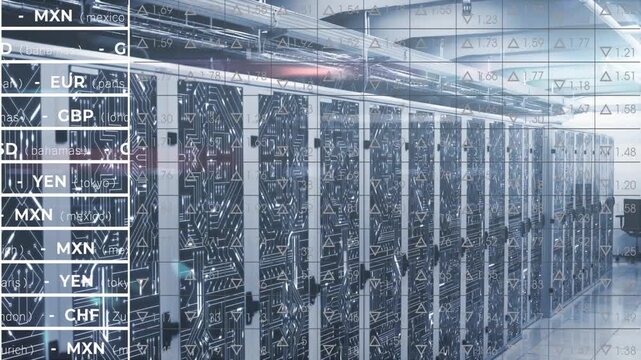 Server racks shifting view while market feed updating currency tickers, showing finance data