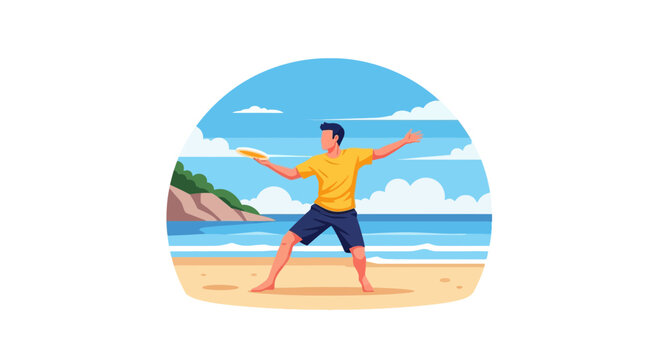 Man playing frisbee on a sunny beach with ocean waves and island scenery