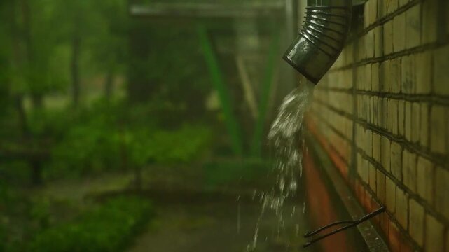 Rainwater pouring from roof downspout into puddled area. rain to fall heavily, creating streams of water. Streams of rainwater falling from a roof, creating natural cascade. water continues to flow.