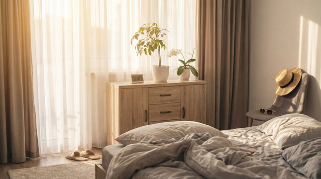 Bright, sunlit bedroom with unmade bed, dresser, houseplants, and a straw hat on a chair.