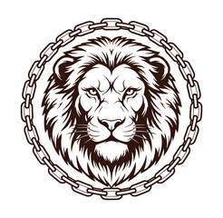 Obraz premium Lion head in circle surrounded by chain on white background