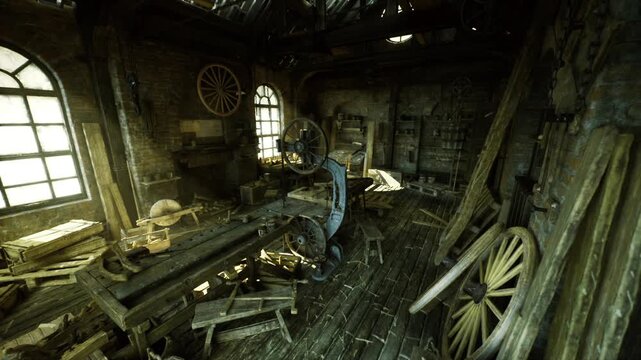 Rusty lathe and mechanical gears surrounded by wooden wheels and metal fittings, workshop corner evoking industrial craftsmanship and repair work.