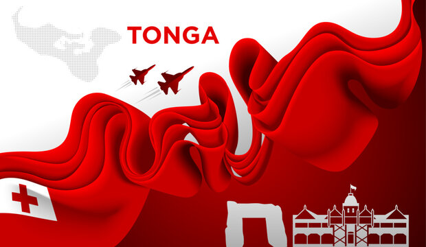 Tonga Flag Wave Abstract Background with Flowing Ribbon Design