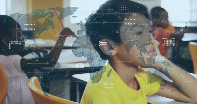 Raising pencils, students reacting to class prompt, map overlay growing, yellow tee boy pondering