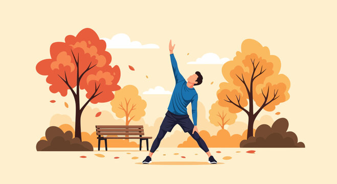 Man stretching outdoors in a park during autumn season with trees and fallen leaves