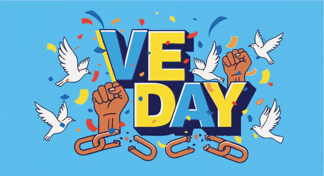 Juneteenth celebration graphic with fists and broken chains in colorful festive lighting for social media