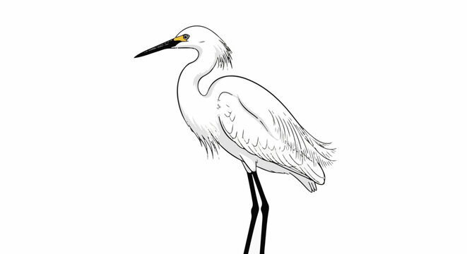 Sketch of a white egret bird with black legs and yellow eye